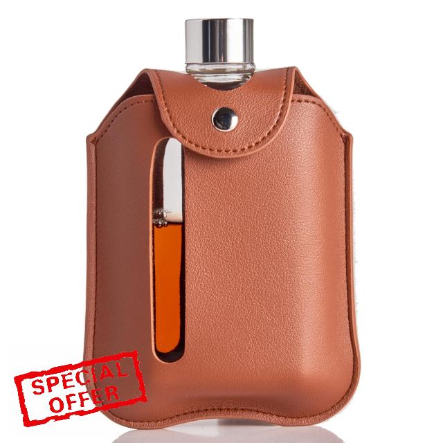 Delove Modern Glass Hip Flask with Removable Leather Sleeve - Durable Whiskey Flask for Men & Women - Leather Glass Flask for Liquor & Spirits