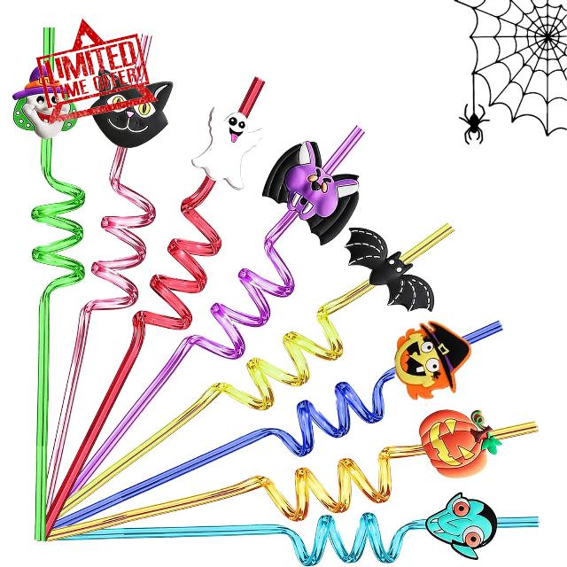 24 PCS Halloween Drinking Straws Reusable Pumpkin Skull Ghost Vampire Witch Plastic Beverages Cocktail Straw with Cartoon Decoration for Kids Halloween Party Supplies with 2 PCS Cleaning Brushes
