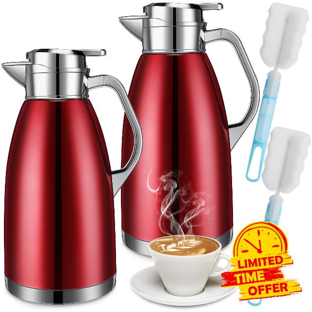 Tioncy 2 Pcs Thermal Coffee Carafe 78oz Insulated Carafe Hot Water Dispenser Stainless Steel Carafe for Hot Liquid Coffee Tea Milk with 2 Brushes Keep 12 Hours Hot 24 Hours Cold (Wine Red)
