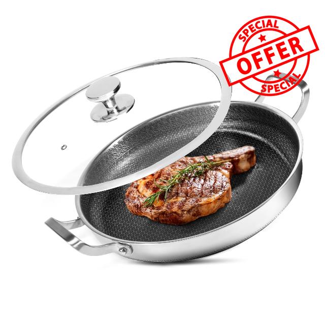 ARROCOLI 12.5inch Stainless Steel Frying Pan 4 QT Saute Pan Non-stick Omelette Pan Skillet Frying Pan with Cooling Handle and Glass Lid for Induction