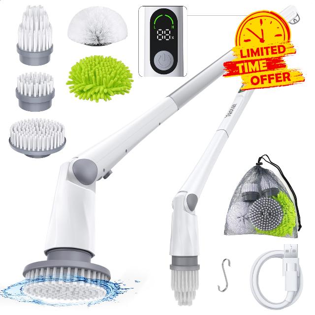 Yeolet Electric Spin Scrubber Upgraded LED Display Cleaning Brush with 5 Replaceable Brush Heads IPX7 Waterproof Shower Scrubber with Long Handle for Cleaning Bathroom Tub Tile Floor Pool Grout
