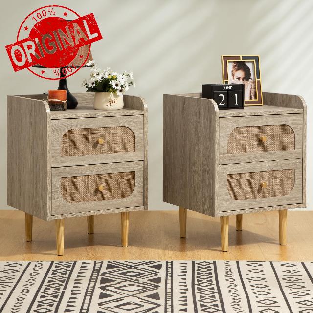 Rattan Nightstand Set of 2 with Drawers - Boho Bedside Table with Storage