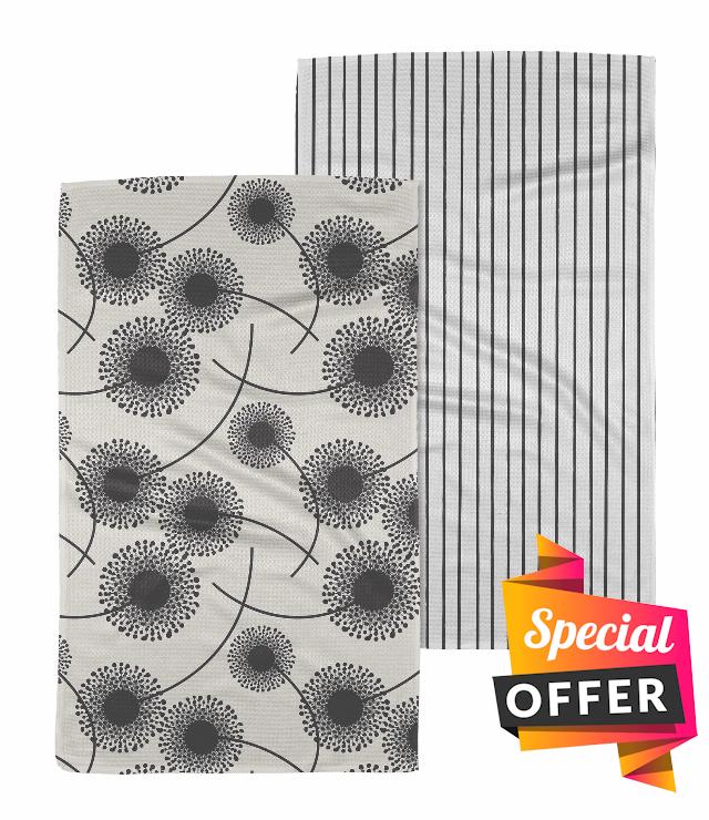 GEOMETRY Kitchen Tea Towel - Quick Dry Microfiber Cloth Dish Towels for Kitchen Drying - Premium Quick Dry Towel - Linen + Full Bloomed (Linen Breeze 2-Pack Set)