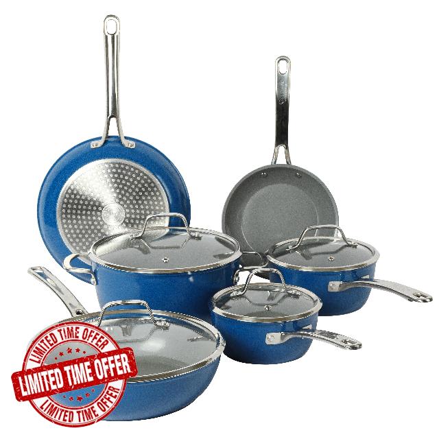 Sur La Table Kitchen Essentials 10 Piece PFA Free Titanium Ceramic Nonstick Interior Forged Aluminum Cookware Pots and Pans Set - Blue - Induction Compatible