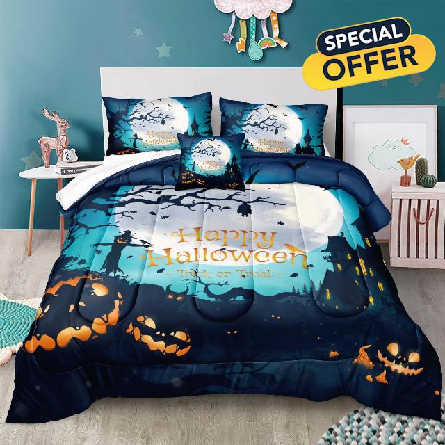 Herside Halloween Comforter Set King Size Happy Halloween Bedding Moon Night Castle Pumpkin Comforter Set 3 Pcs Bedding Set with 2 Pillowcases(Blue