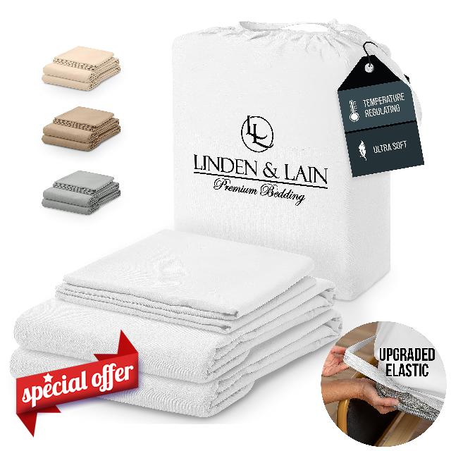 LINDEN & LAIN Luxury King Size Bed Sheet Set | Ultra Soft Pure Bamboo Brushed Microfiber | Best Cooling Non-Slipping Sheets | 18" Deep Pocket With Upgraded Elastic | Premium Bedding Collection | White