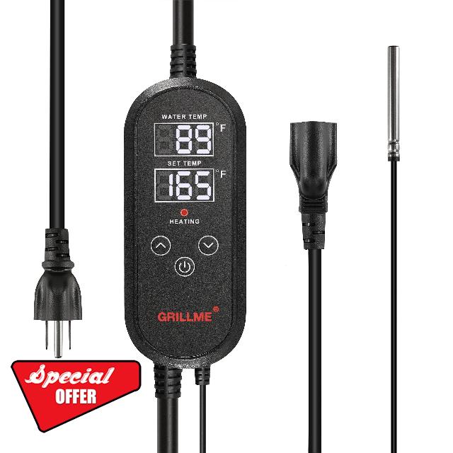 GRILLME Digital Temperature Controller 120V 1500W 15A Fahrenheit Degree Display with Outlet Plug and Socket for Heating Cooling Water Temperature Control W1500