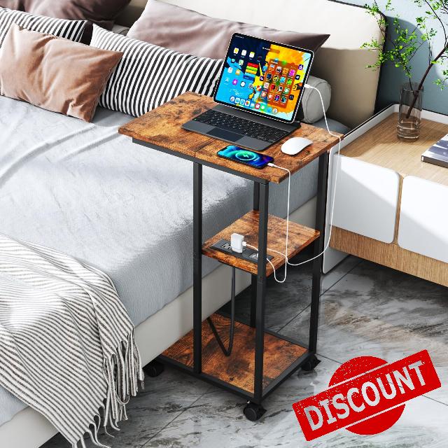 homsorout C Side Table with Wheels and Charging Station