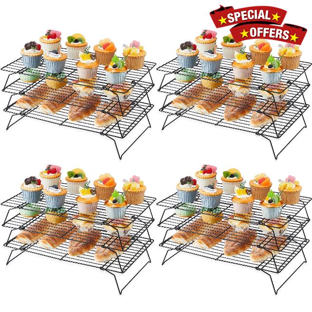 Mifoci 4 Sets Carbon Steel Cooling Rack 3 Tier Stackable Baking Rack Carbon Steel Collapsible Cookie Rack Stackable Cooling Racks for Baking Cooking Cooling Roasting Cookie Cake Kitchen Utensil