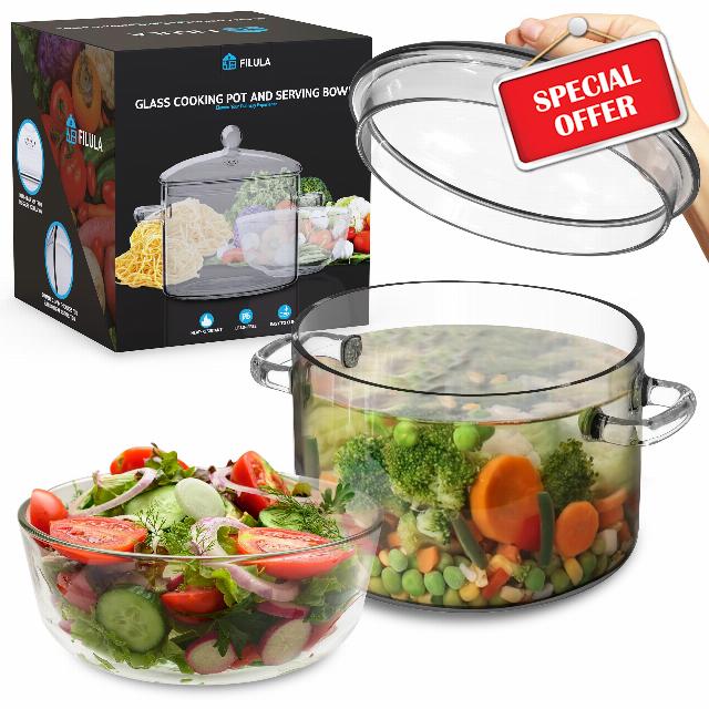 FILULA 64oz Glass Pots For Cooking on Stove - Clear Pots for Cooking with Serving Bowl included as a Set - Glass Simmer Pot For Stove Top - Versatile Glass Saucepan with Cover for Cooking and Serving