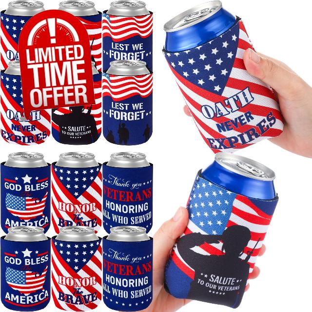 Tenceur 48 Pcs Military Veteran Can Cooler Sleeves Collapsible Beverage Cooler Sleeves Neoprene American Flag Bottle Cup Insulator Reusable Gifts for Veterans for Can Bottle