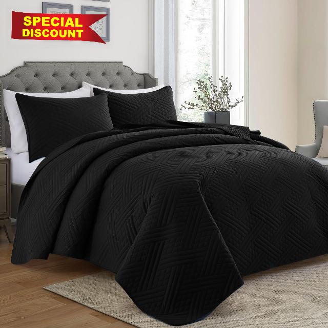 Lavsiry King Size Black Quilt Set with Stripe Pattern