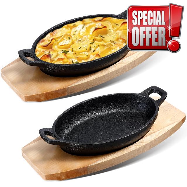 Mifoci 2 Sets Cast Iron Skillet with Wooden Base Mini Cast Iron Fajita Plates Cast Iron Baker's Skillet Matte Black Small Cast Iron Pan for Kitchen Restaurant Barbecue Dinner