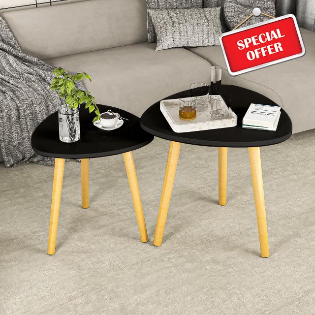 Lifetime Home Modern Nesting Table with Wooden Legs Set of 2 - Triangle Side Table for Living Room