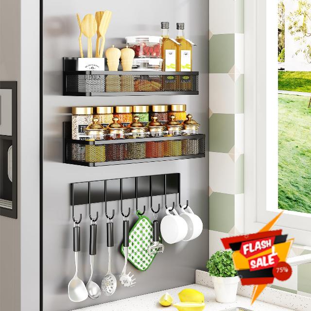 Miyawell 3 Packs Strong Adsorption Metal Magnetic Spice Rack for Refrigerator