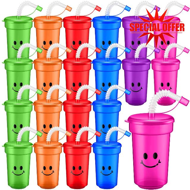 Mumufy 24 Pack Kids 12 oz Neon Sipper Cups Bulk Smile Face Neon Sipper Cups with Lids and Straws Colorful Plastic Cups Reusable Straw Cups Birthday School Events Supplies Themed Party Favor