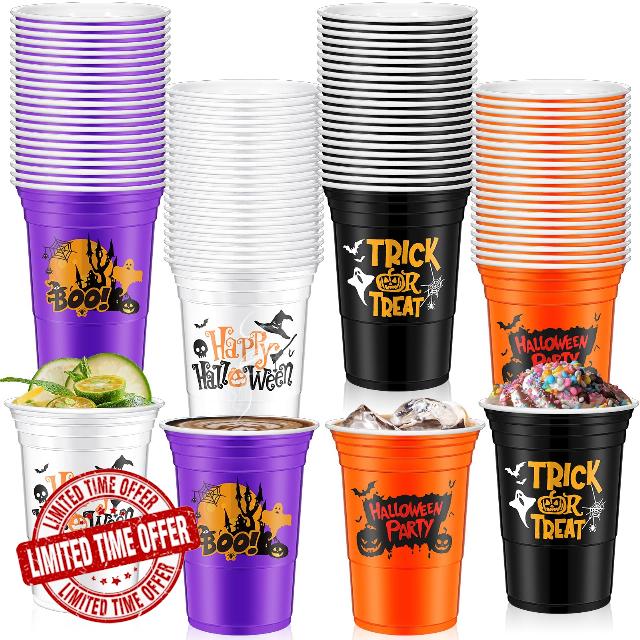 Uiifan 60 Pcs Disposable Halloween Cups 16oz Happy Halloween Plastic Cups Reusable Plastic Cups Halloween Party Cups Drinking Cups Spooky Halloween Design for Halloween Party (Multi Colors
