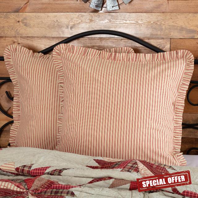 VHC Brands 2 Pieces Ozark Red Ticking Stripe Euro Sham (2 Shams