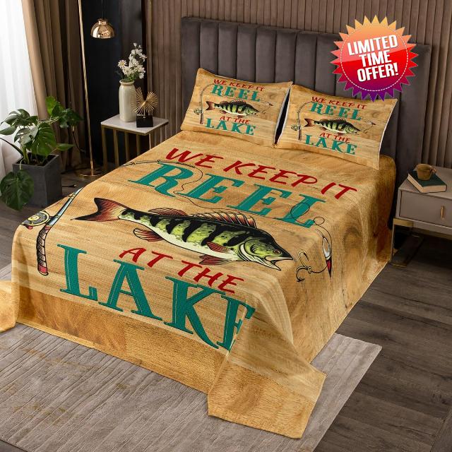 Lake Life Decor Bedspread Set Fish Fishhook Coverlet Set