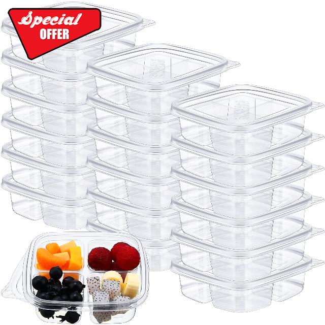 Dandat 50 Pcs Clear Plastic Bento Boxes 4 Compartment Reusable Snack Containers Leakproof Food Container Food Prep Bento Box with Lids Divided Food Storage Containers for Adults School Work Travel