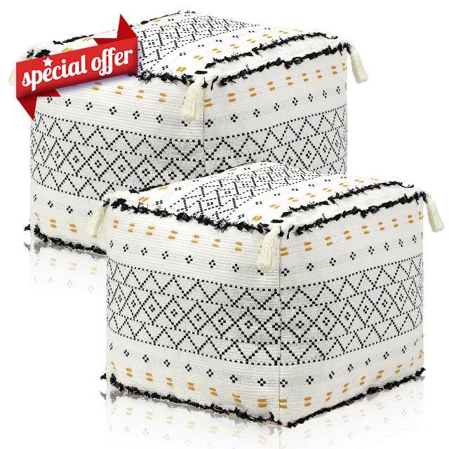 Peryiter 2 Pieces Boho Ottoman Pouf Covers Unstuffed Pouf Braided Handwoven Pouf Covers with Soft Tassels Decorative Footrest Cushion for Living Room Bedroom Kids Room
