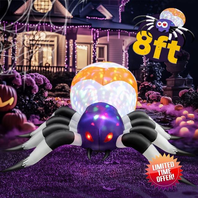 8 FT Halloween Decorations Outdoor Decor - LED Rotating Lights Inflatable Spider Blow Up Halloween Clearance Animated Giant Creepy Spider for Lawn Patio Yard Party Garden Decor