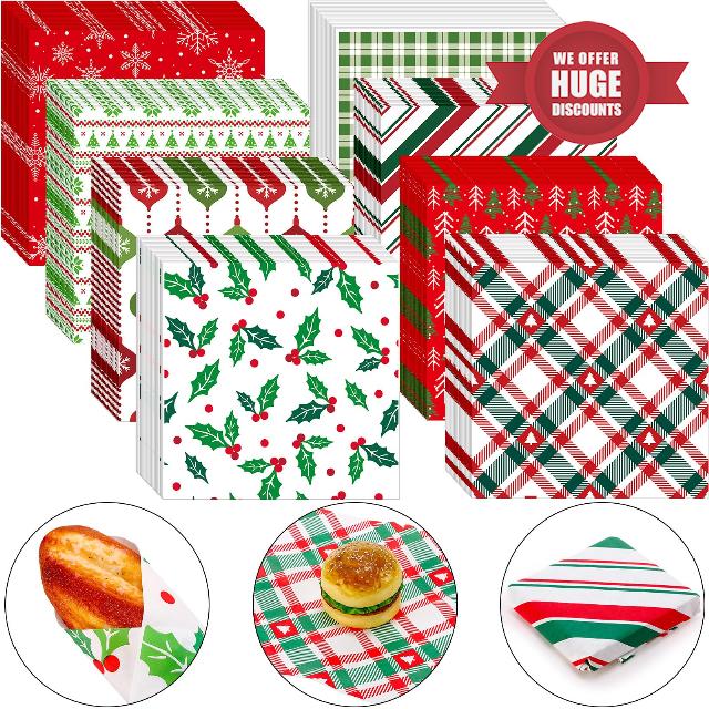 Cholemy 600 Pieces Christmas Grease Proof Paper Sheets Wax Paper Sheets 12 x 12 Inch Waterproof Food Basket Liners for Christmas Home Food Basket Sandwich Candy Cookie Wrapping Baking Holiday Kitchen