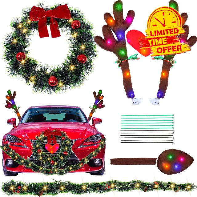 Riceshoot Christmas Reindeer Antlers Car Kit with LED Lights