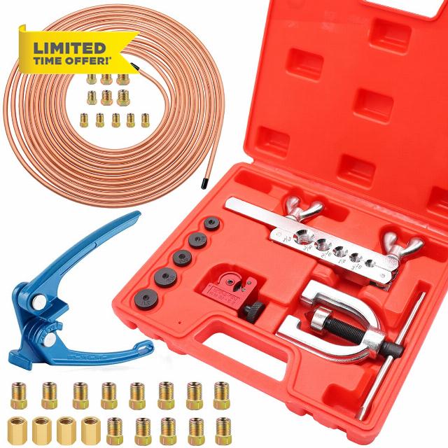 Tnisesm 3/16 Copper Coated Brake Line Kit 25 ft + Blue Tube Bender+ Copper Aluminum Brake Line Double & Single Flaring Tool Kit