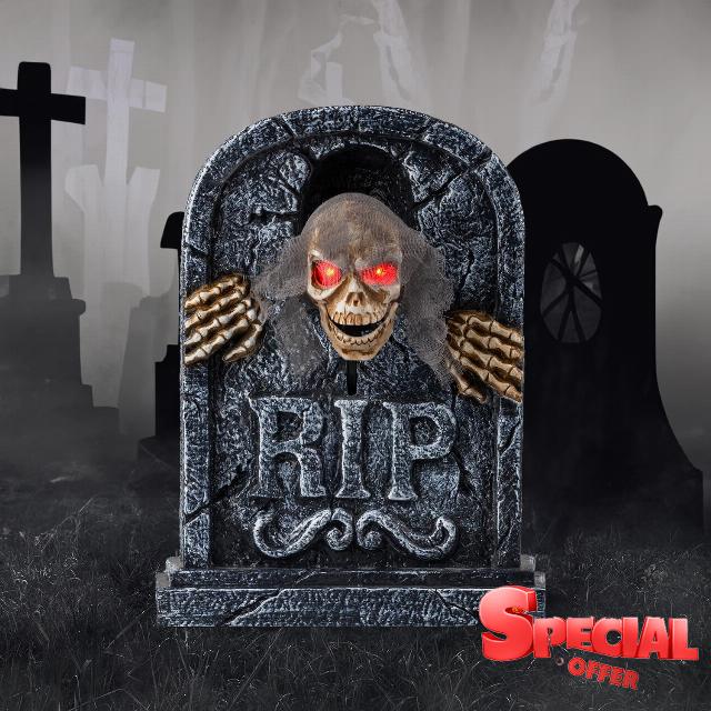 Halloween Animatronics Zombie Tombstone - LED Gravestone Decorations with Spooky Skeleton Skull Head