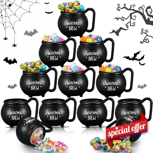 Uiifan 12 Pcs 15 oz Halloween Cauldron Mug Witches Brew Black Plastic Cups Mug Witch Decor Novelty Witch Gifts (Word Style)