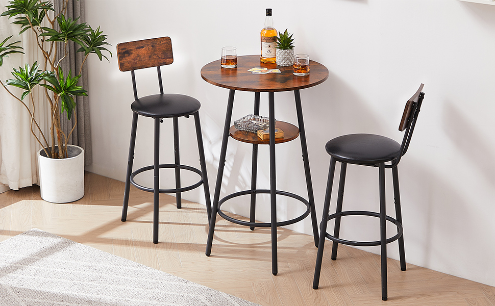 Round bar stool set with shelf