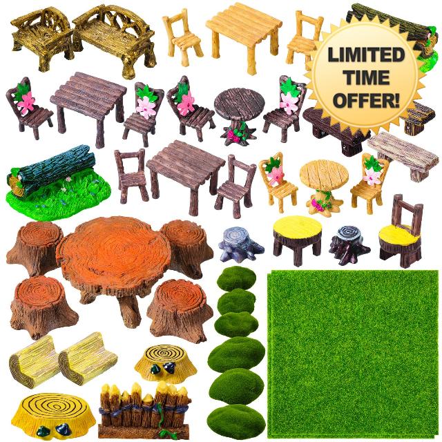 Syhood 45 Pcs Fairy Garden Accessories Miniature Fairy Garden Furniture Tables Chairs Bridge Pond Lawn Figurines Artificial Garden Grass Moss Rocks Blue Sands Fairy Garden Kit Decor (Furniture)