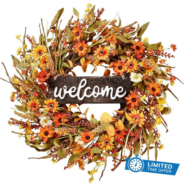 Sggvecsy Artificial Fall Wreath 22’’ Autumn Front Door Wreath Harvest Wreath with Orange Daisy Ear of Wheat Mixed Flowers and Leaves for Outside Indoor Wall Window Festival Thanksgiving Autumn Decor