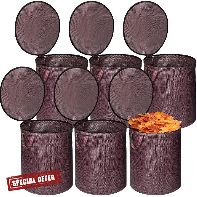 Windyun 6 Pack Leaf Bags with Lid Reusable Yard Waste Bags with 4 Handles Heavy Duty Yard Bags for Leaves Collapsible Garden Bag Leaf Bag Holder Gardening Container for Lawn (Red Gray