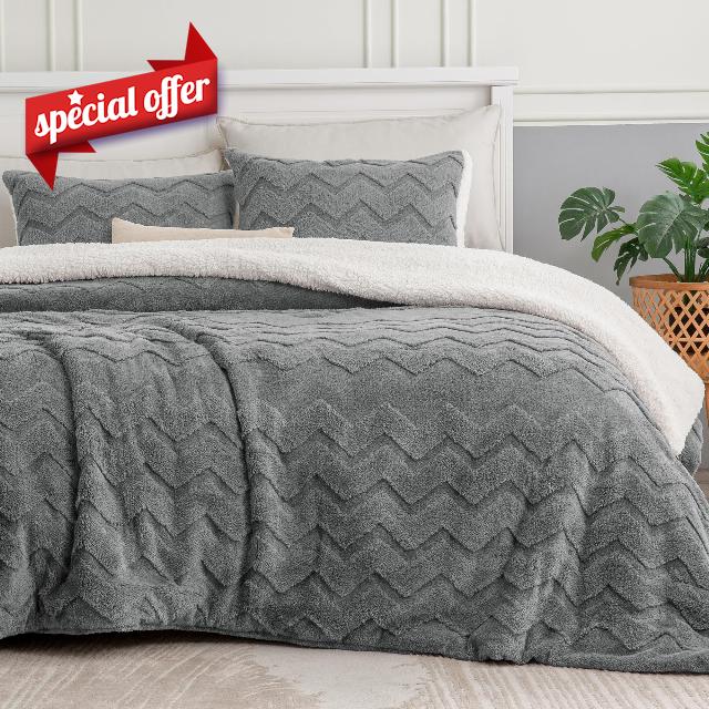 BEDELITE Fluffy Queen Comforter Set - Super Soft Sherpa Grey Comforter for Queen Size Bed