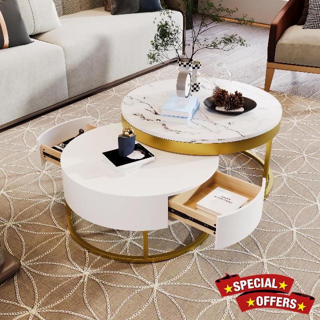 Merax Round Nesting Coffee Table Set of 2 with Golden Frame Circular and Marble Pattern