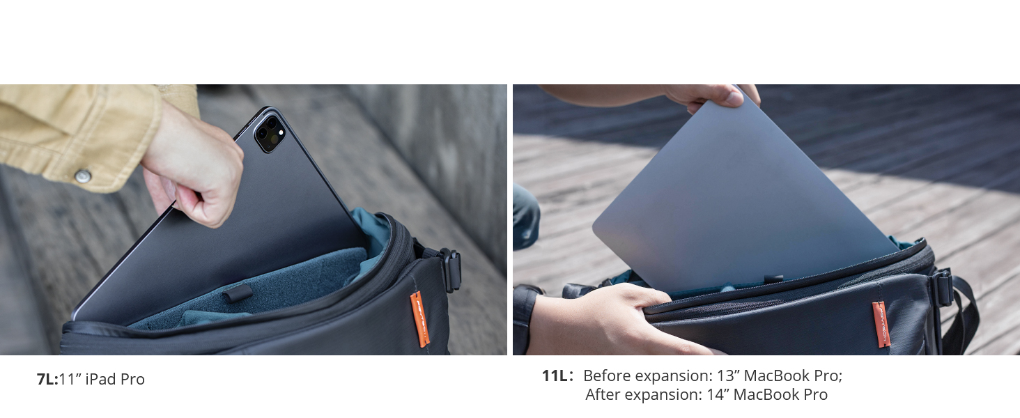 Laptop Compartment of OneMo Sling Camera Bag 7L: 11” iPad Pro 11L: 13” MacBook Pro/14” MacBook Pro