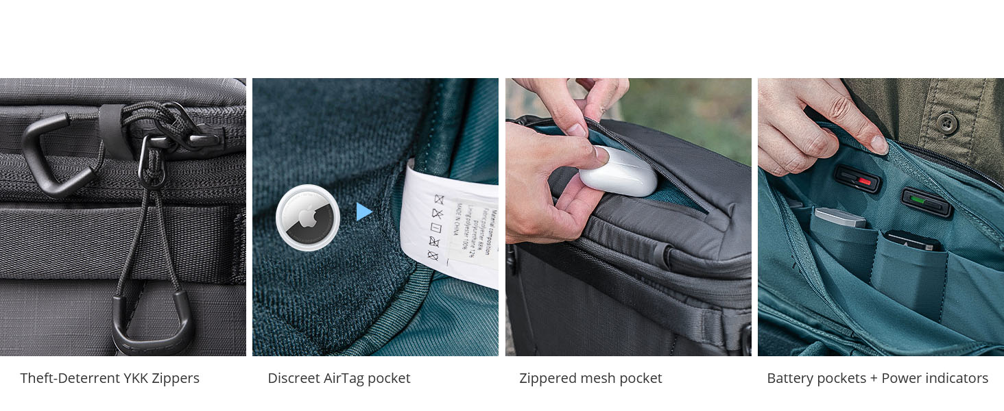 YKK Zippers Discreet AirTag pocket Zippered mesh pocket Battery pockets + Power indicators