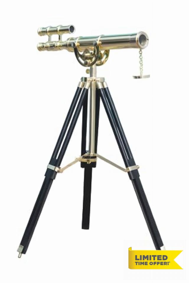 MARY NAUTICAL- Shiny Brass Telescope Double Barrel Maritime Telescope Wooden Tripod Stand Harbor Master