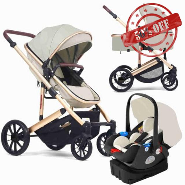 LUISAS Toddler Stroller Baby Strollers for Girls Boys Baby Stroller Newborn Carriage with Stroller Footmuff 3 in 1 Foldable Stroller Travel System with Car Seat and Base (Color : Beige)