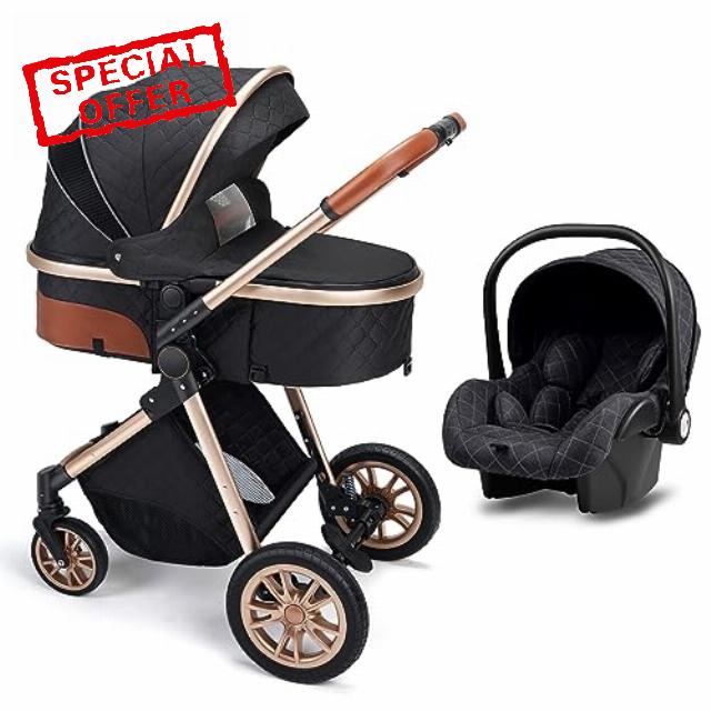 Luxury Pram High Landscape Baby Stroller Folding Pushchair Vista Stroller with Reversible Stroller Seat (Black)