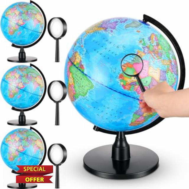 Yeaqee 8 Pcs 12 Inch World Globe with Stand Set Included 4 Pcs World Globe and 4 Pcs Magnifiers for Adults Kids Learning Geography Education Classroom Spinning Blue Globe Room Decor