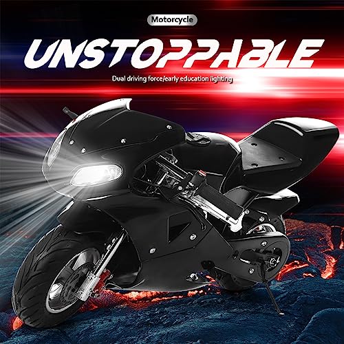 2-Stroke 49cc Strong Power Dual Headlights with Chain Cover High Brightness Dual Headlights Gas Pocket Motorcycle Pocket Rocket Bike for Over 8 Years Old Kids (Black)
