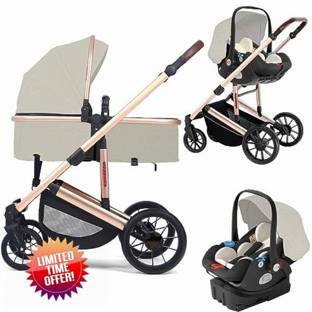 ElveBuka Baby Stroller and Car Seat Combo High View Convertible Baby Stroller 3 in 1 Baby Travel System Baby Pram Standard Baby Stroller Baby Stroller with True Pram Mode (Color : Beige)