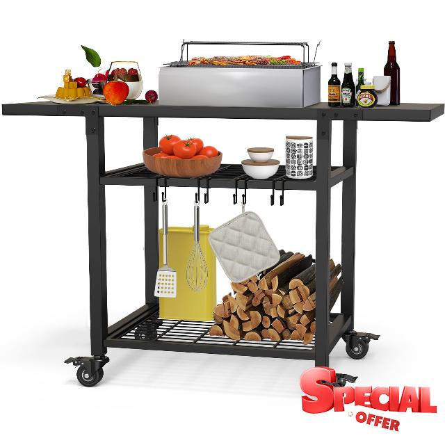 RAXSINYER 42"x 20" Three-Shelf Grill Table Grill Cart Outdoor BBQ and Work Cart Table Movable Pizza Oven Table Commercial Multifunctional Kitchen Food Prep Worktable