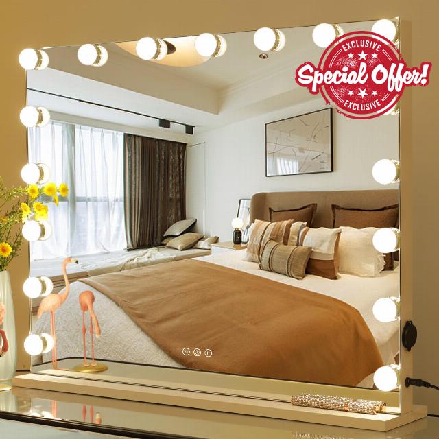 LEINASEN Hollywood Vanity Mirror with Dimmable 17LED Bulbs Lights Large Makeup Mirror with Lights Metal Frame Dimmable 3 Modes Touch Control USB Charging