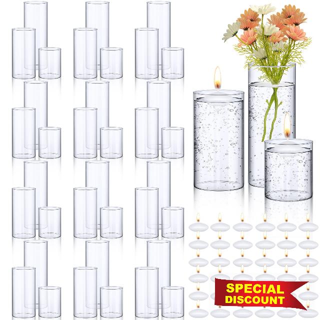 Yungyan 36 Pcs Clear Glass Cylinder Vase 36 Pcs Floating Candles Set Decorative Tall Clear Vase Glass Cylinder Candle Holder for Flowers Table Centerpieces Party Supplies Wedding Home Decor