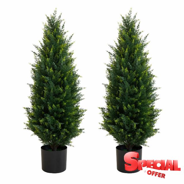 Two 35''Outdoor Artificial Cedar Trees Artificial Topiary Shrubs UV Resistant Potted Plants Faux Cedar Pines