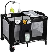 Kinder King 4 in 1 Portable Pack n Play, Baby Nursery Center Playard w/Bassinet, Large Playpen fo...